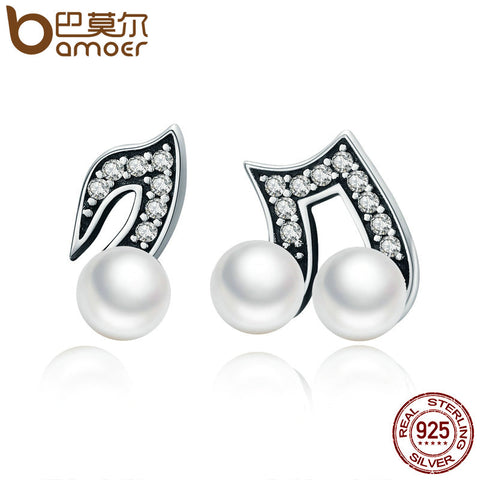 .925 Sterling Silver Pearl Music 8th Note Earrings