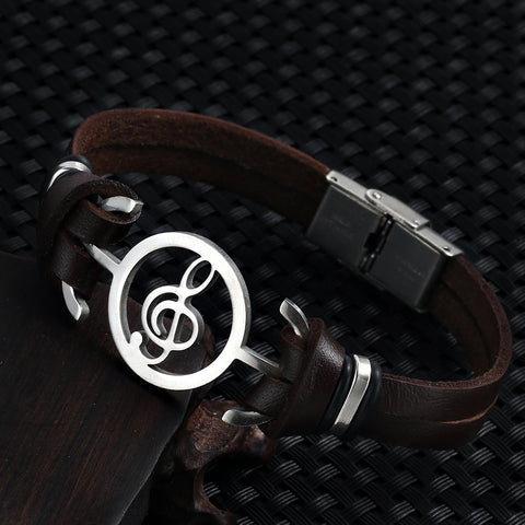 Stainless Steel Treble Clef in Circle on Leather Bracelet