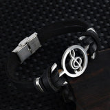 Stainless Steel Treble Clef in Circle on Leather Bracelet