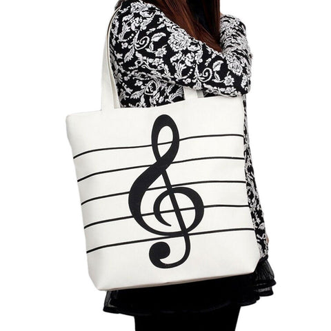 Treble Clef Music Tote Bag with Zipper - in Black or White