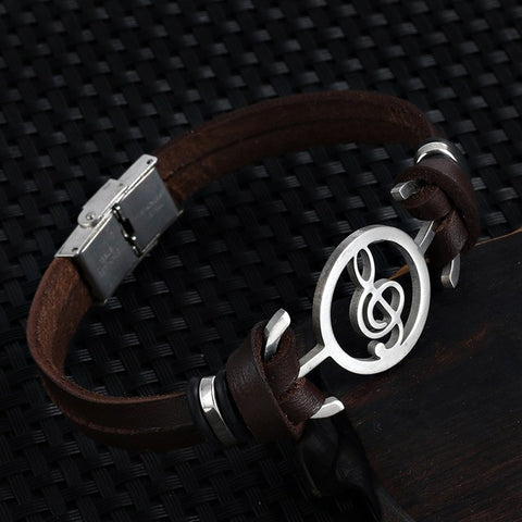 Stainless Steel Treble Clef in Circle on Leather Bracelet